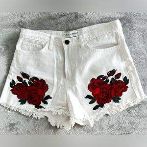 White Flying Monkey Jean Shorts w/ Rose Appliqué (Size 28)!